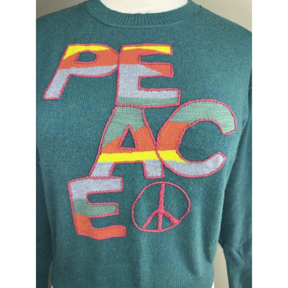 Sundance Colors Of Peace Sweater Teal Rare Rainbow Graphic Soft Wool Blend PXS - Picture 6 of 16